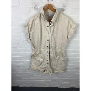 Zara Women's Denim Utility Romper One Piece Pockets Ecru Cream Size XL